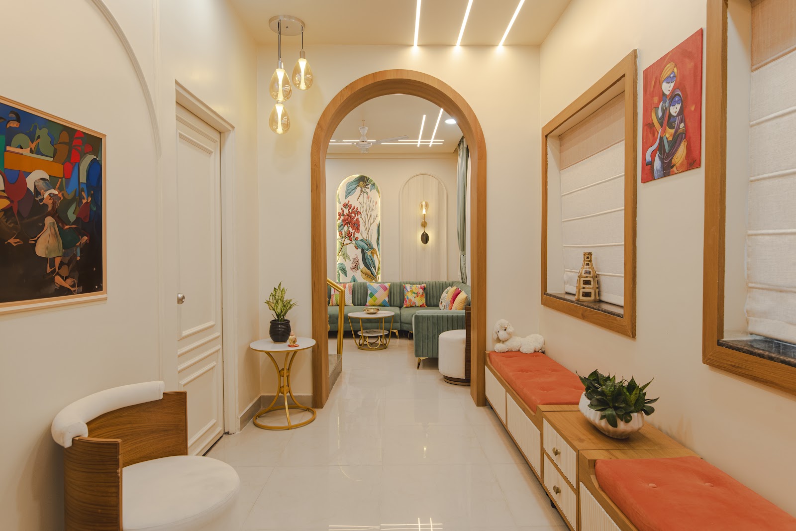 An arched wood-framed passage with a built-in bench, from a Style-Home residential project in Nagpur